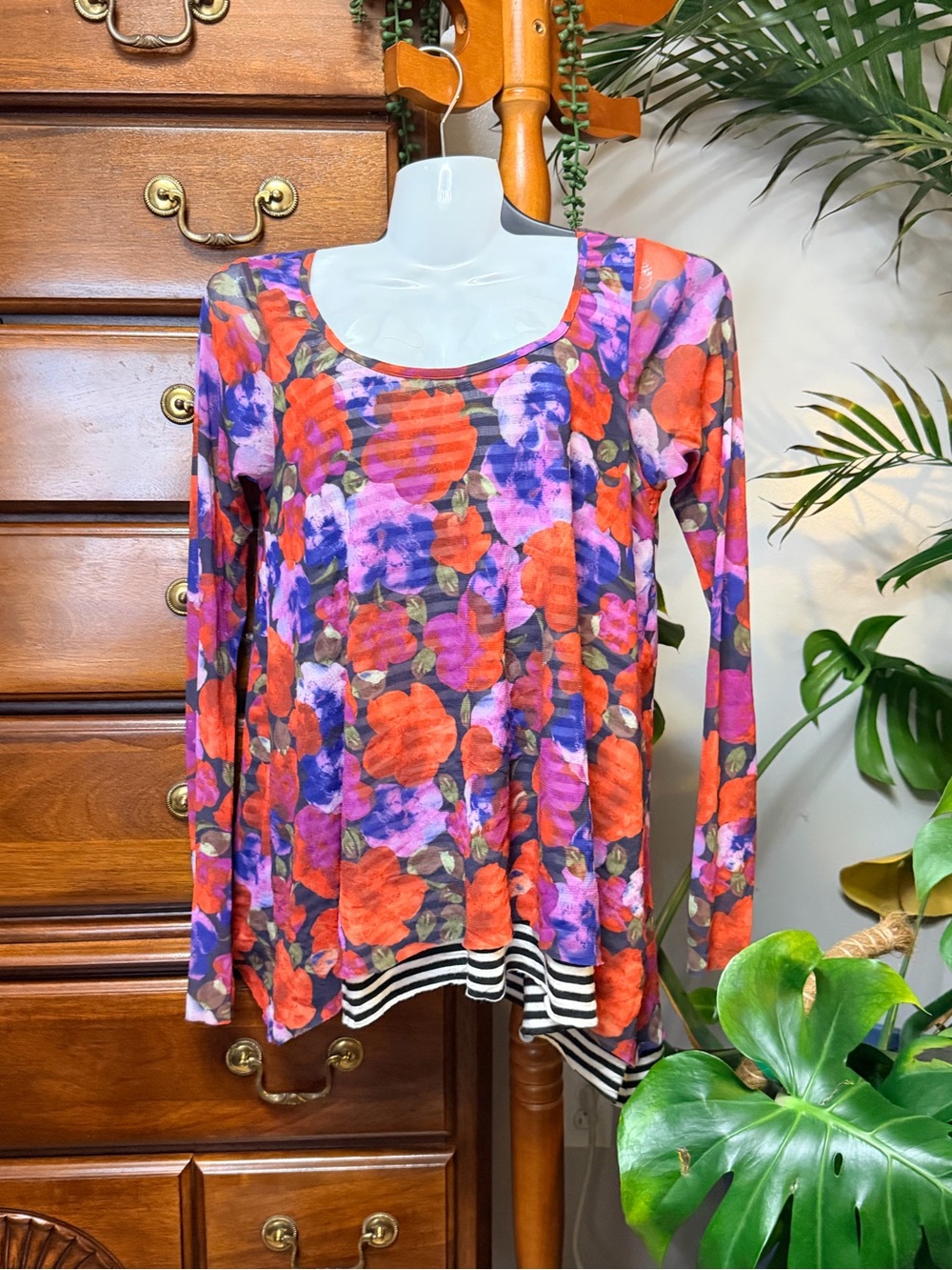 Anthropologie Weston Wear Floral Sheer Mesh Floral Striped Scoop Neck Top
